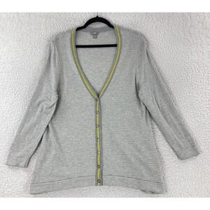 J. Jill Cardigan Sweater Womens Large Petite Gray‎ White Stripe Long Sleeve Knit